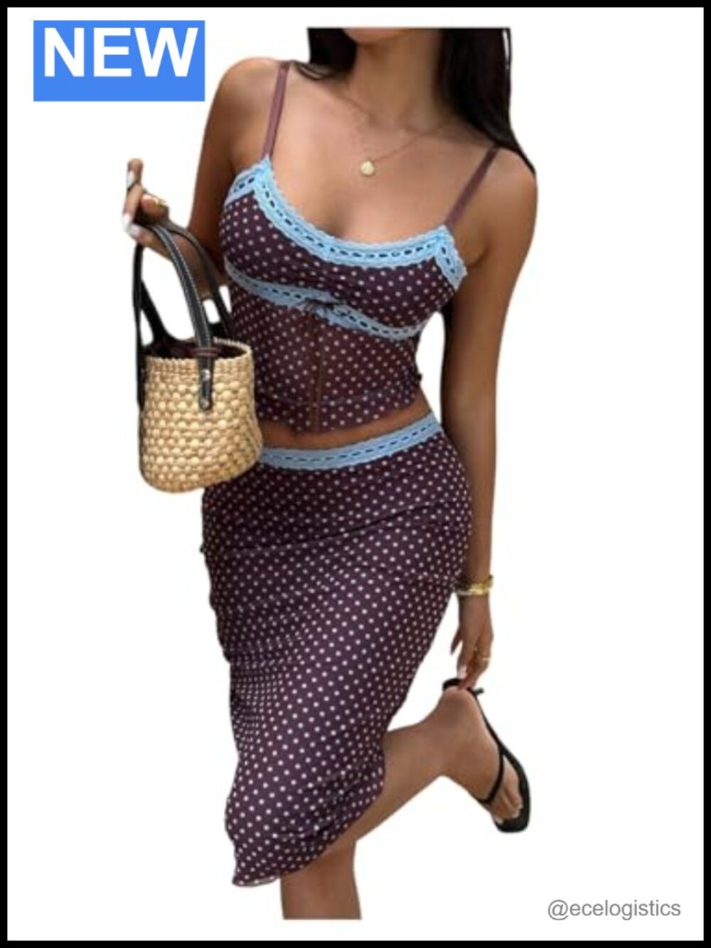 2 Piece Polka Dot Skirt Set with Mesh Lace Crop Top and Midi Skirt